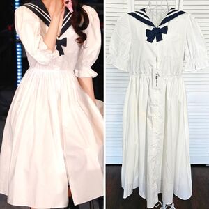 NWT Miu Inspired White & Navy Sailor Collar Nautical Midi Dress Removable Bowtie